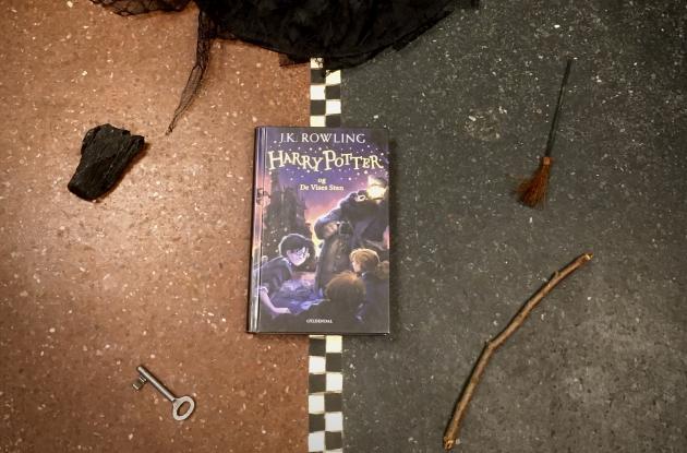 Harry Potter og De Vises Sten ligger på et gulv omringet af magiske genstande