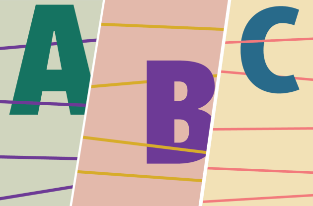 Bogstavcollage med bogstaverne a, b og c