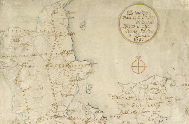 Rømers Danmarkskort lavet med sepia blæk. Kortet viser de store hovedveje.