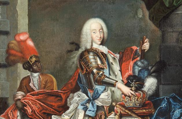 Maleri af kong Christian VI med en sort tjener i baggrunden
