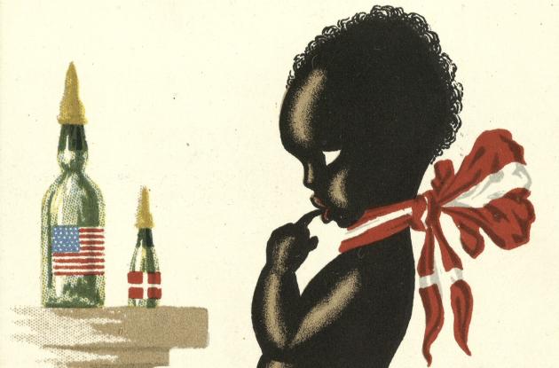 Karikatur af en sort dreng iklædt Dannebrog, der skal vælge mellem DK og US