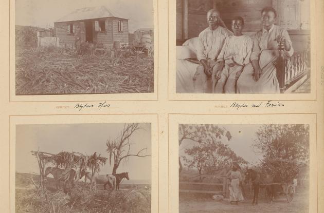 En side fra et fotoalbum med fire billeder. Det ene billede har tre vestindiske mennesker på.