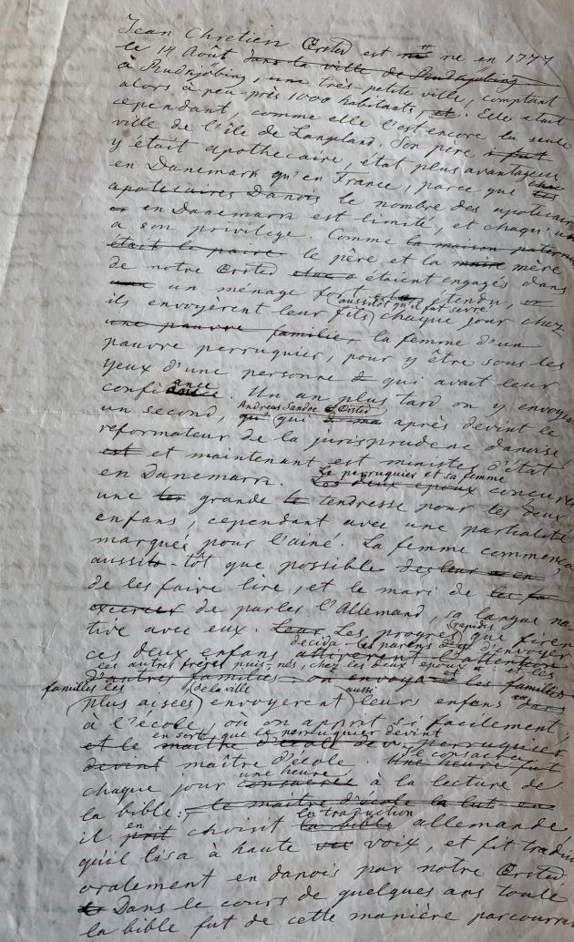 Side fra et af Ørsteds manuskripter, der også viser hans egne korrekturer.