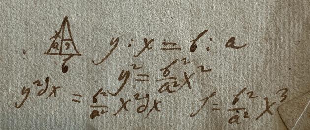 Detalje fra et af Ørsteds manuskripter, hvor man kan se, at han benytter Leibniz-notationen dx og dy til at opstille dirrerentialligning.