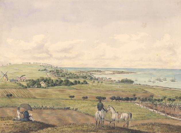 En tegning af fladt, grønt land med havet i baggrunden. I forgrunden er der to heste og en rytter.
