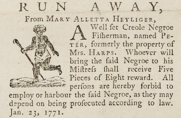 Lille tekst fra en engelsksproget avis om en bortløben kvindelig slave