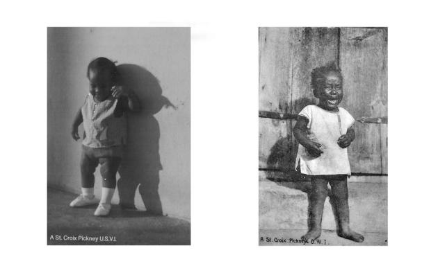 To billeder af vestindiske børn side om side. På det første billede smiler barnet, på det andet græder det.