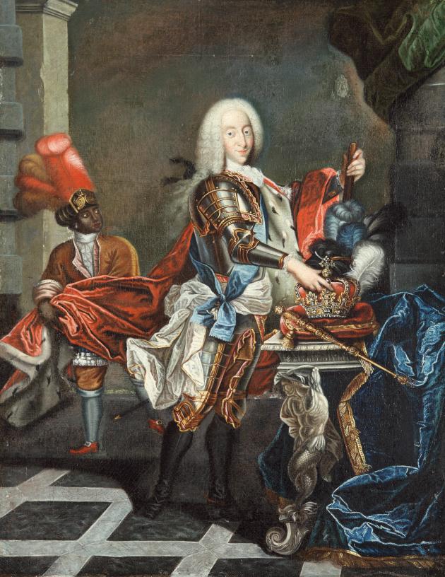 Maleri af kong Christian VI med en sort tjener i baggrunden