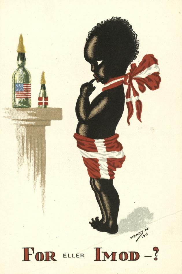 En karikatur af en sort dreng iklædt Dannebrog, der ser på en dansk og en amerikansk sutteflaske