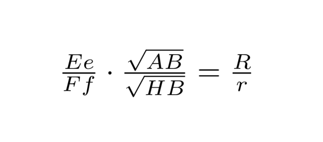 Formel der udtrykker forholdet mellem de to radier R og r ved hjælp af de indgående størrelser.
