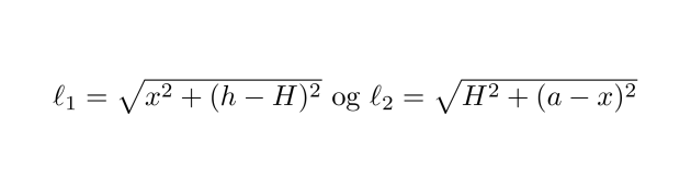 Formel, der udtrykker længderne l_1 og l_2 i x, h og H ved hjælp af Pythagoras' Sætning