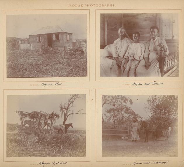 En side fra et fotoalbum med fire billeder. Det ene billede har tre vestindiske mennesker på.