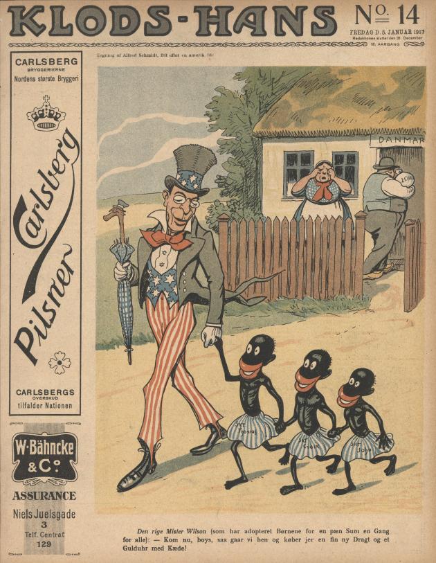 Racistisk tegning af mand klædt ud i de amerikanske farver, der leder tre sorte børn væk fra en grædende Hr. og Fru Danmark