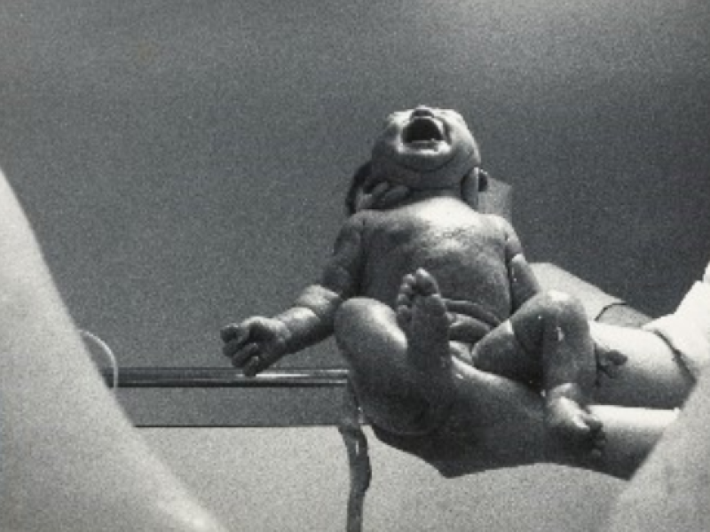 En nyfødt baby med navlestreng holdes oppe